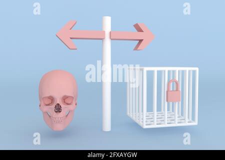 La scelta tra la pena di morte e la detenzione. Un segno che indica il cranio come simbolo di morte e la gabbia come prigione, illustrazione 3d Foto Stock