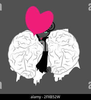 illustrazione di un modello con un cappello nella forma di un cuore rosa e un cappotto nella forma di un cervello Illustrazione Vettoriale