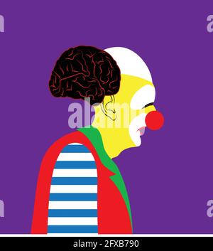 illustrazione di un clown depresso con la pettinatura a forma di cervello, su uno sfondo viola Illustrazione Vettoriale