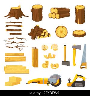 Materiali e attrezzi dell'industria del legname. Tavole di legno, tronchi, tavole e trucioli. AX, scalpello, sega, smerigliatrice e levigatrice a nastro. Set vettoriale per lavori in legno Illustrazione Vettoriale