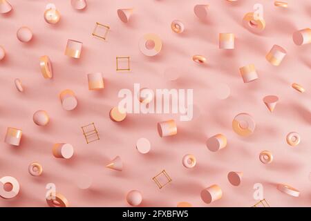 Modello tridimensionale di sfere, coni, anelli, cubi e cilindri che galleggiano su sfondo rosa Foto Stock