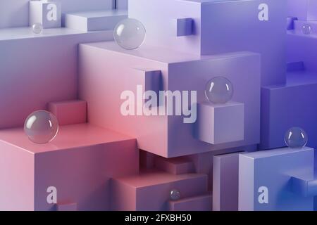 Rappresentazione tridimensionale delle sfere di vetro che giacciono sopra i blocchi viola Foto Stock