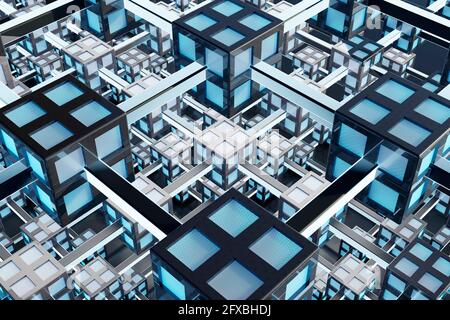 Rendering tridimensionale di cubi interconnessi blu che creano una rete mappata Foto Stock