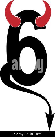 Numero 6 con corna del diavolo e logo icona coda modello vettore Illustrazione Vettoriale
