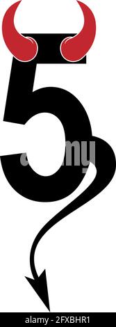 Numero 5 con corna del diavolo e logo icona coda modello vettore Illustrazione Vettoriale