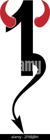 Numero 1 con corna del diavolo e logo icona coda modello vettore Illustrazione Vettoriale