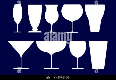Bevande alcoliche, cocktail e bicchieri, set di bicchieri per coctail, design vettoriale silhouette, sfondo Illustrazione Vettoriale
