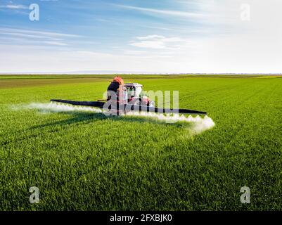 Coltivatore fertilizzante raccolto attraverso irroratrice di raccolto in campo Foto Stock