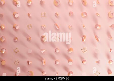 Modello tridimensionale di sfere, coni, anelli, cubi e cilindri che galleggiano su sfondo rosa Foto Stock