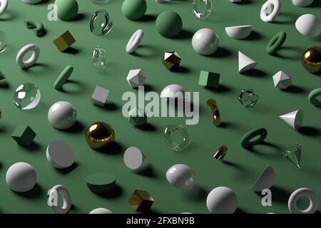 Forme geometriche di oro, vetro, marmo su sfondo verde pastello Foto Stock
