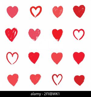 Cuori dipinti da grunge pennellate. Collezione di simboli d'amore per San Valentino, banner. Elementi di disegno della texture di emergenza. Illustrazione Vettoriale