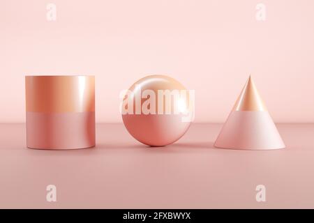 Rappresentazione tridimensionale di sfera rosa e arancione, cono e cilindro Foto Stock