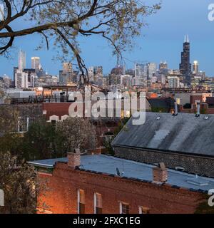 Vista serale dello skyline di Chicago da Wicker Park Foto Stock