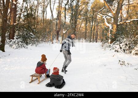 Il padre giocoso che tira i figli seduti sulla slitta durante l'inverno Foto Stock