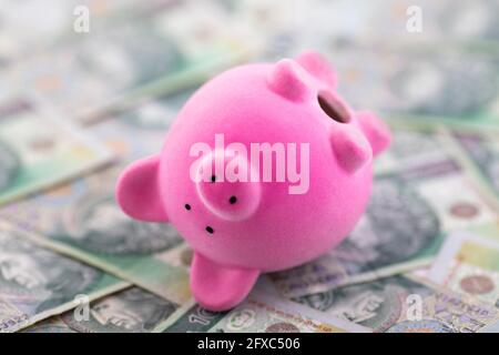 Pink piggy banca capovolta su soldi lucidati Foto Stock