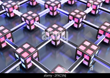 Rendering tridimensionale di cubi interconnessi rosa che creano una rete mappata Foto Stock