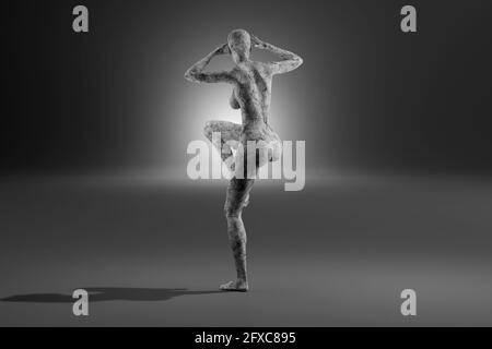 Rappresentazione tridimensionale di una donna in cemento in piedi su una gamba con testa in mano contro i fari in arrivo Foto Stock