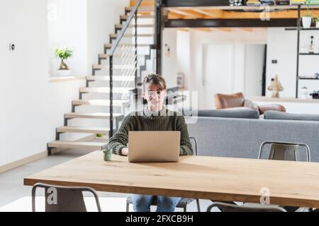 Donna imprenditore che lavora su un computer portatile a casa Foto Stock