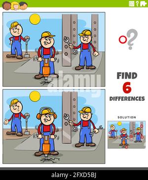 Illustrazione cartoon di trovare le differenze tra le immagini gioco educativo per i bambini con simpatici operai o costruttori di personaggi sui costrutti Illustrazione Vettoriale