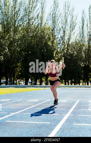 Donna atletica che si springe in pista Foto Stock