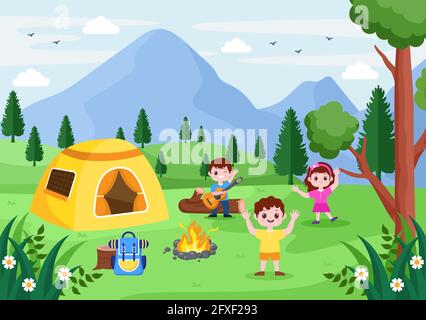 Happy Summer Camp in montagna per le spedizioni, i viaggi, le esplorazioni e le attività ricreative all'aperto. Illustrazione sfondo orizzontale Illustrazione Vettoriale