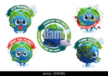 Emblemi con carino personaggio cartoon Terra, salvare il concetto pianeta con mascotte e banner ecologici. Pensa verde, eco-friendly, felice Terra giorno celebrazione e conservazione etichette, Cartoon vettore set Illustrazione Vettoriale