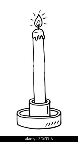 Candela lunga e sottile che brucia con cera gocciolante in un candelabro isolato su sfondo bianco. Illustrazione vettoriale disegnata a mano in stile doodle Illustrazione Vettoriale