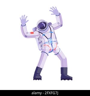 Astronauta o astronauta personaggio con mani in su e sventolando Ciao. Cosmonaut danzare, gesto divertente. Illustrazione vettoriale cartoon isolata in bianco Illustrazione Vettoriale