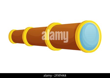 Spyglass o retrò tubo pirata avventura o viaggiare in stile cartone animato isolato su sfondo bianco. Cannocchiale antico, attrezzatura marina, clip art. Vector Illustrazione Vettoriale