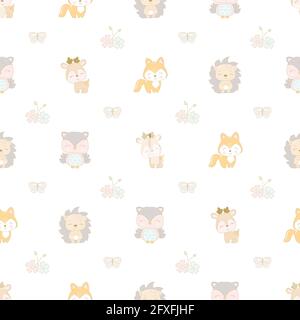 Modello per bambini senza cuciture con animali e fiori carini. Illustrazione vettoriale Illustrazione Vettoriale