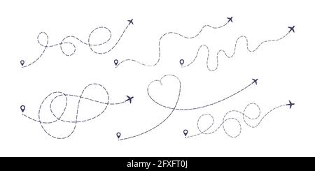 Tracciato di linea tratteggiata di aeroplano disegno di stile piatto disegno vettoriale insieme isolato su sfondo bianco. Illustrazione Vettoriale