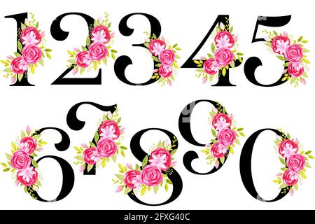 Serie di numeri floreali numero con composizione di rose di fiori. Collezione per la progettazione di inviti di nozze, biglietti d'auguri, biglietti Foto Stock