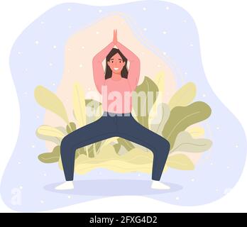 Le donne felici si levano in piedi sul pavimento e meditano nella posa di yoga. Meditazione pratica concetto in stile cartone animato. Illustrazione vettoriale Illustrazione Vettoriale
