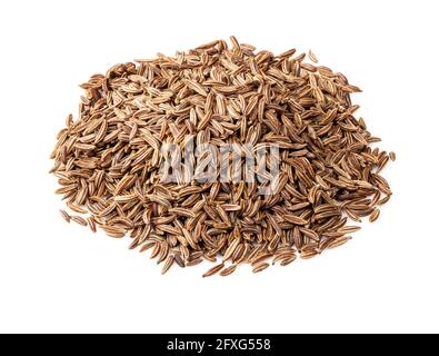 manciata di frutta di cumino primo piano su sfondo bianco Foto Stock