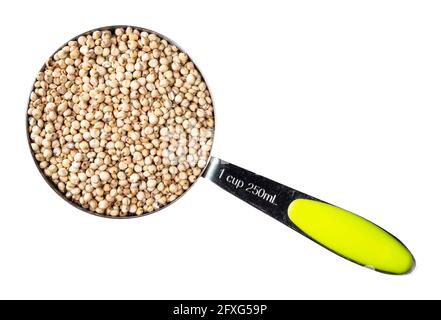 Vista dall'alto dei grani di Sorgo grezzi non sbucciati nel misurino ritaglio su sfondo bianco Foto Stock