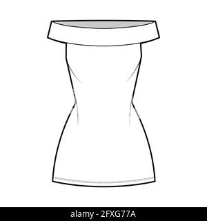 Abito off-the-shoulder Bardot illustrazione tecnica moda con sleeveless, corpo montato, mini lunghezza gonna a matita. Parte anteriore dell'abbigliamento piatto, colore bianco. Donne, uomini unisex CAD mockup Illustrazione Vettoriale