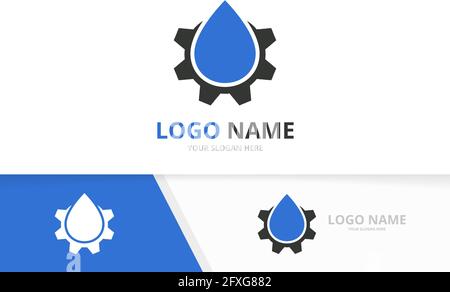 Combinazione di gocce d'acqua meccaniche e logo dell'ingranaggio. Modello esclusivo per il design del logotipo dell'olio di fabbrica. Illustrazione Vettoriale