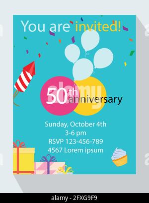 Biglietto di invito per la festa di compleanno. Sei invitato! Buon 50° anniversario di compleanno! Illustrazione Vettoriale