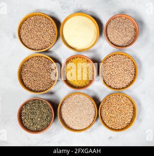 vista dall'alto di vari grani e semole di frumento (semola, frumento, frantumato, farro, bulgaro, farro, emmer, khorasan, freekeh, ecc) in ciotole rotonde in ceramica su Foto Stock