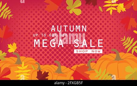 Vendita autunnale del layout di sfondo decorare con foglie per lo shopping di vendita o un poster promozionale e il telaio pieghevole o banner web.illustrazione vettoriale modello. Illustrazione Vettoriale