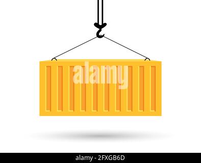 Concetto di consegna in tutto il mondo tramite trasporto marittimo. Carico giallo brillante in container solleva il verricello. Scarico o carico del carico. Illustrazione vettoriale Illustrazione Vettoriale