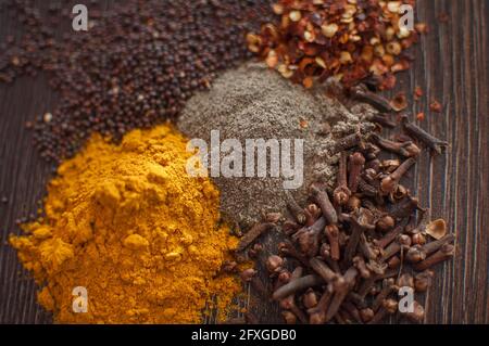 Spezie selezionate su sfondo di legno scuro, condimenti per il cibo. Vista dall'alto di curry, paprika, pepe, chiodi di garofano, foglia di alloro, curcuma, concetto di spezie. Foto Stock
