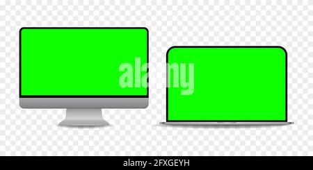 Sfondo del tasto cromatico dello schermo verde su computer portatile e pc. Illustrazione vettoriale isolata su sfondo trasparente Illustrazione Vettoriale