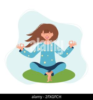 La ragazza si siede nella posizione del loto e medita. Il concetto di relax, yoga, meditazione per gli amanti di uno stile di vita sano. Illustrazione vettoriale Illustrazione Vettoriale