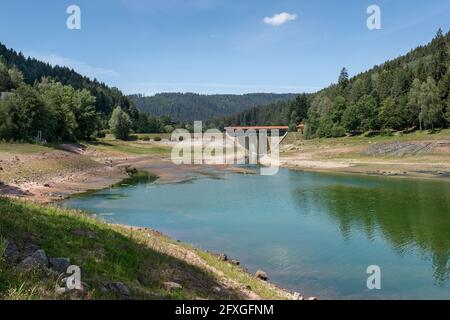 Dam Nagoldtalsperre, Foresta Nera, Germania, in estate in acque basse Foto Stock