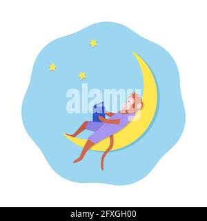 Una scimmia cartoon si siede sulla luna e legge un libro. Concept Good Night, una storia di addormentarsi. Illustrazione vettoriale Foto Stock