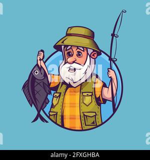 Pescatore con cattura. Arte concettuale della pesca in stile cartoon. Illustrazione Vettoriale