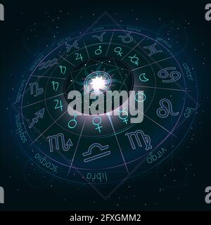 Illustrazione con cerchio dell'oroscopo, simboli zodiacali e pittogrammi pianeti astrologici sullo sfondo stellato del cielo notturno con schema geometrico. Immagine in Illustrazione Vettoriale