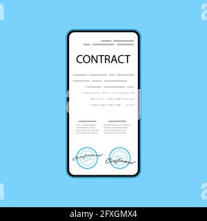 Documento elettronico online Smart Contract su telefono, documento cartaceo, firma sullo schermo del telefono Illustrazione Vettoriale