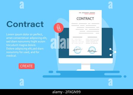 Contratto elettronico o concetto di firma digitale nell'illustrazione vettoriale. Firma del documento e-contract online tramite PC desktop. Layout del sito Web o della pagina Web Illustrazione Vettoriale